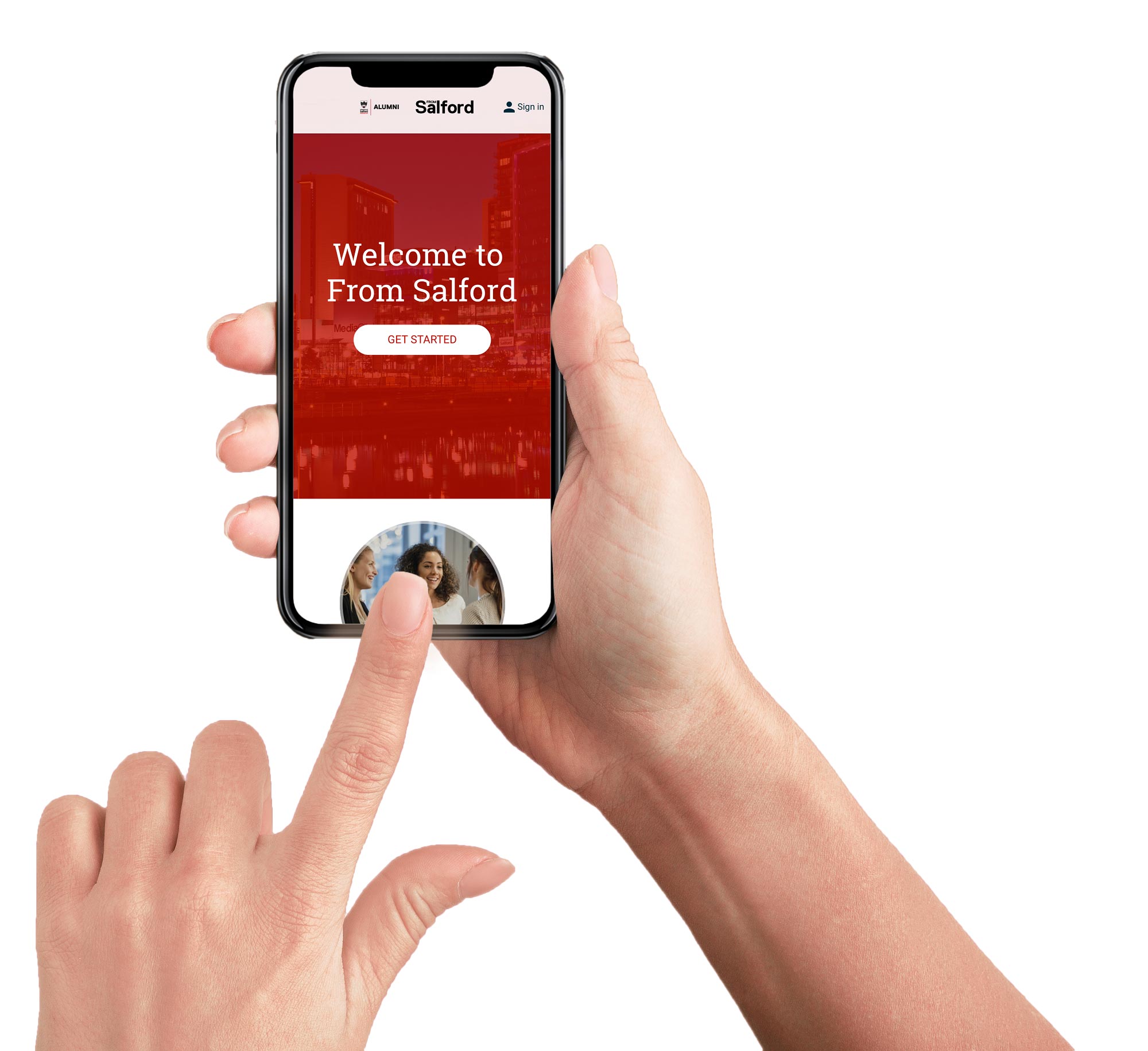 Hands holding iPhone showing the From Salford app